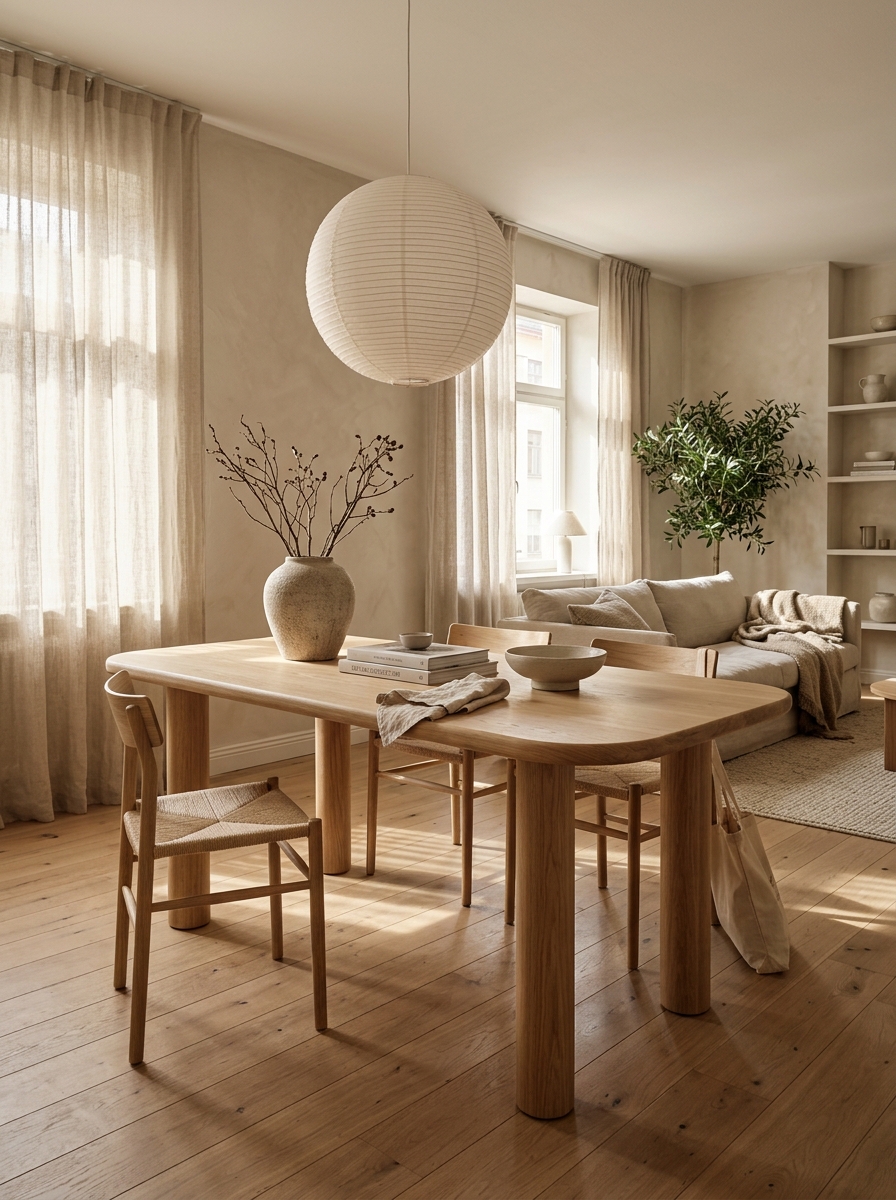 The Fenwick dining table set for a meal in a sunlit room