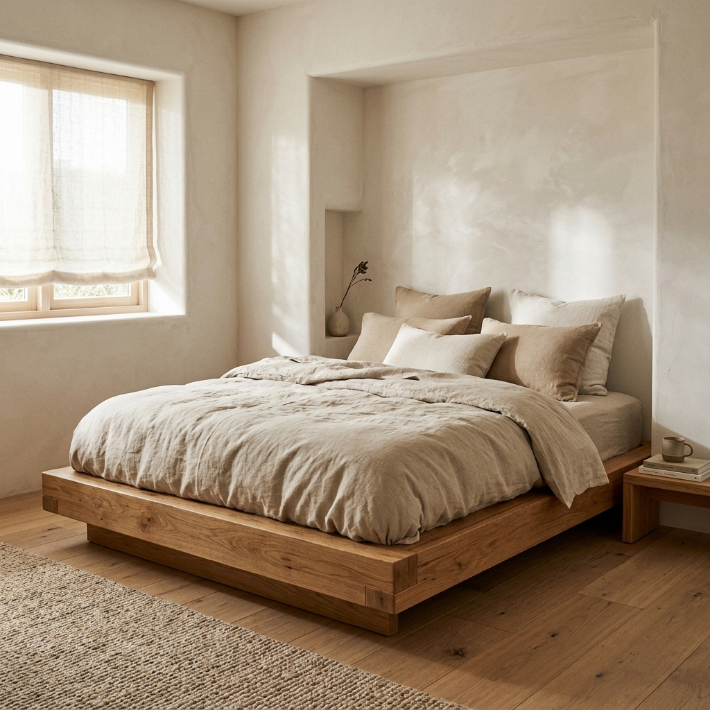 An oak bed frame dressed in linen in a calm bedroom