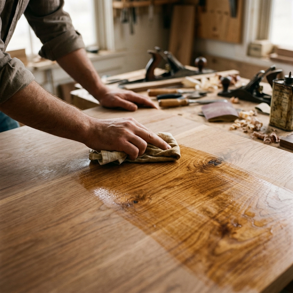 Oil being worked into a timber tabletop