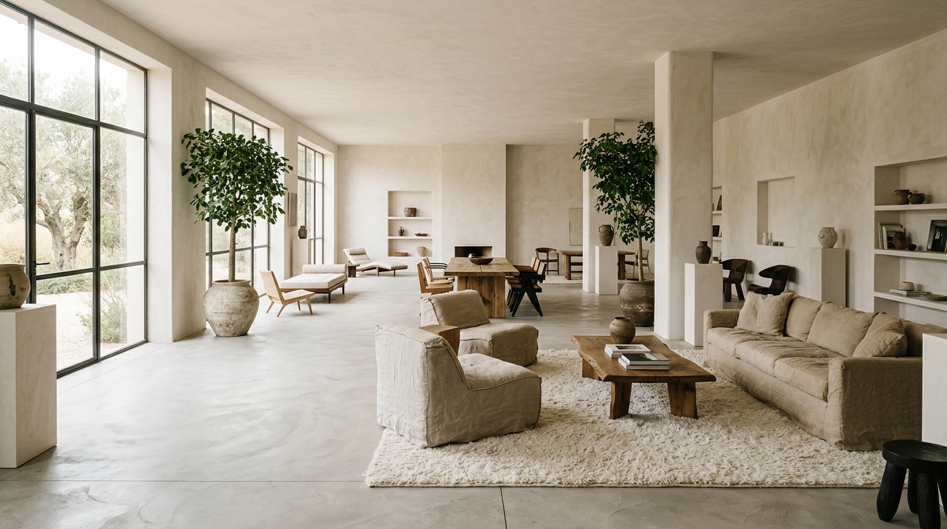 The showroom floor with sofas and dining tables arranged as rooms