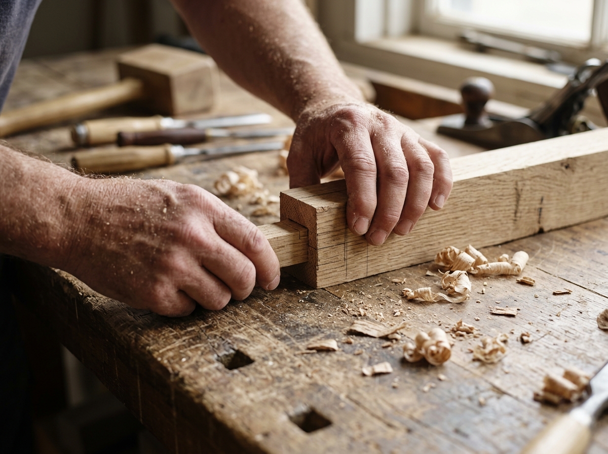 Hands fitting a mortise-and-tenon joint at a workbench